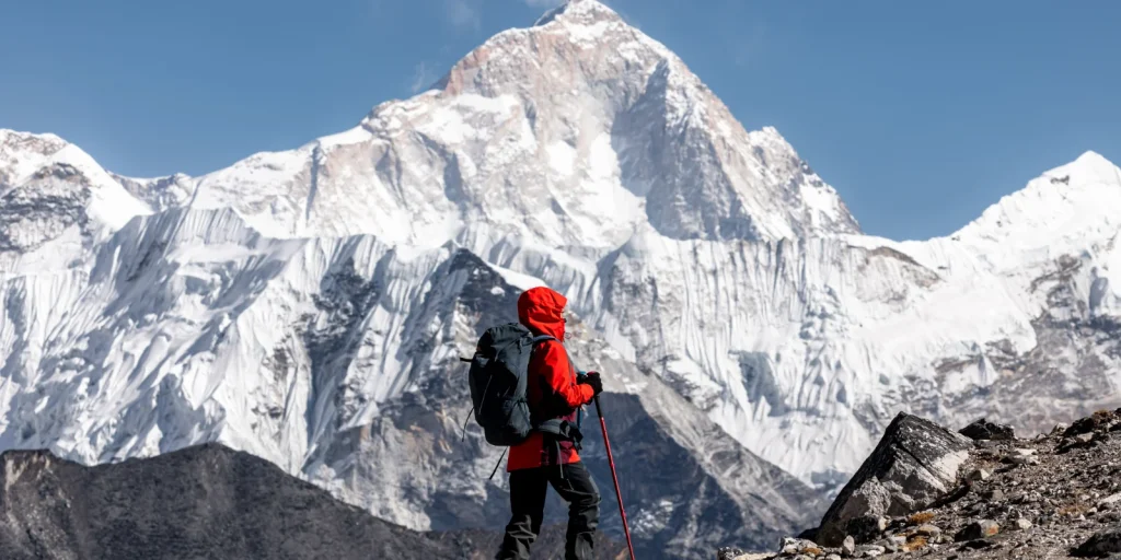 Makalu west face in front of hiker