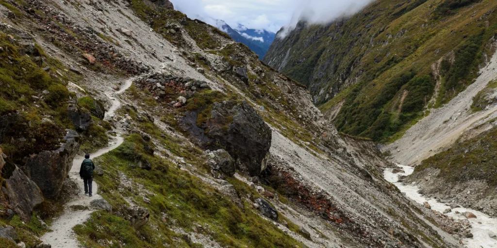 Rocky Trail with Stunning Kanchenjunga Peaks